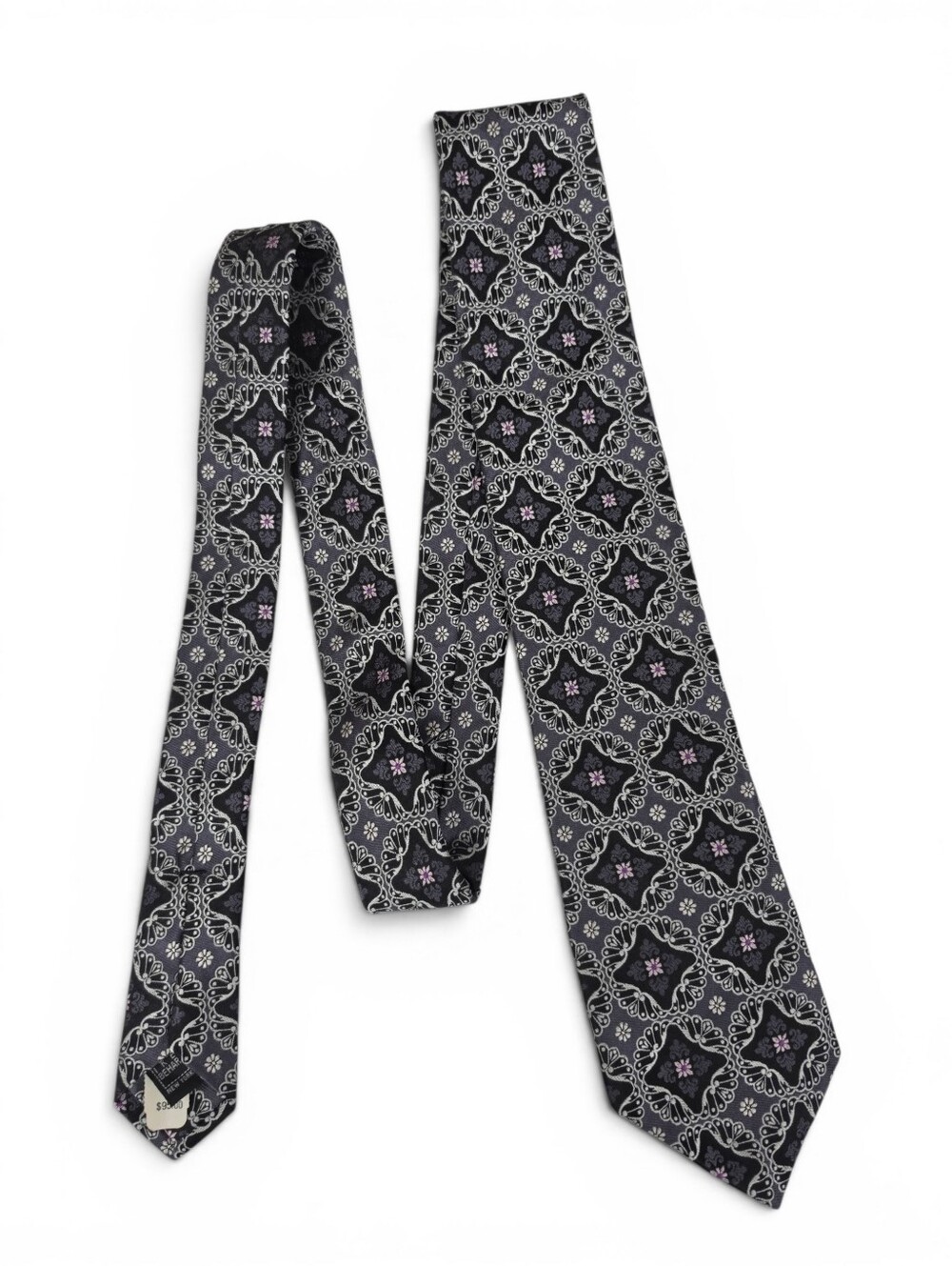 Ike Behar Men's Black Gray Patterned Silk Tie with Subtle Purple Accent Necktie